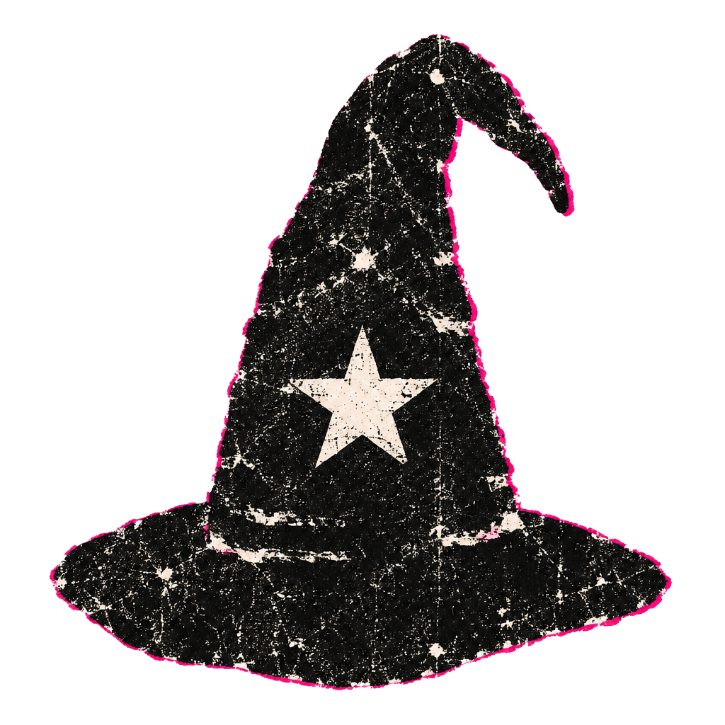 A worn black wizard hat with a star
